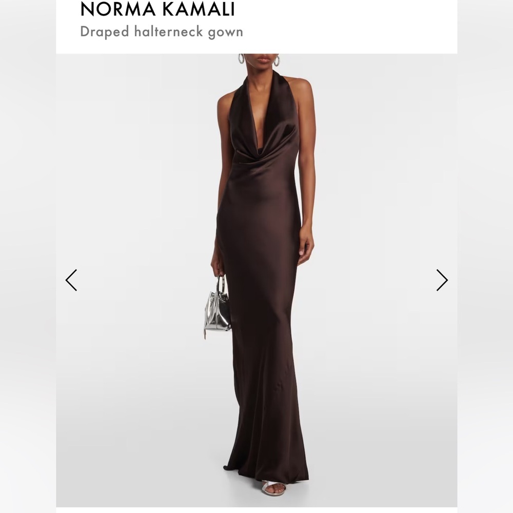 Norma Kamali designer draped neck silk brown maxi formal dress size 00